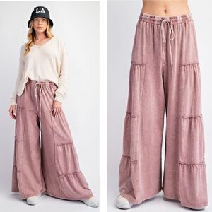 New Easel Mineral Washed Tiered Wide Leg Pants Mauve Pink
